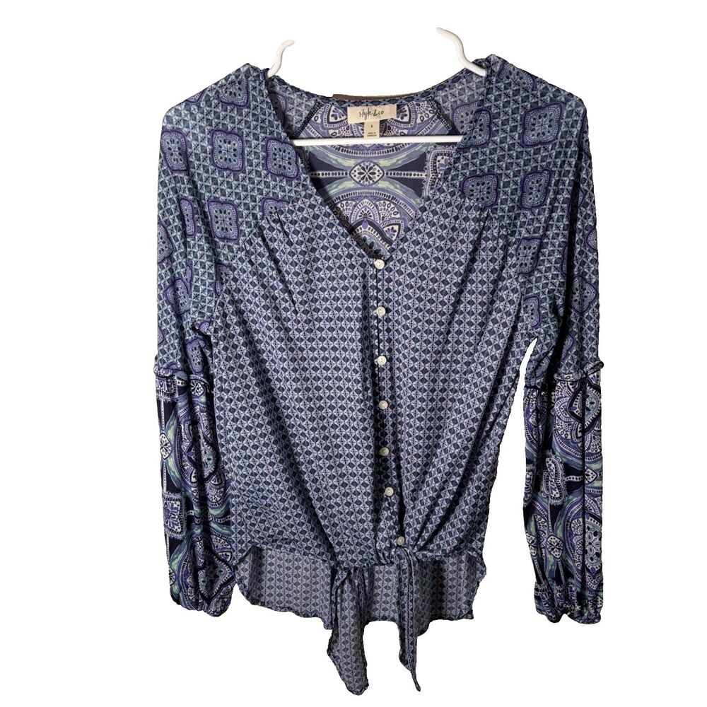 Style & Co Blouse Women's Small Button Up Long Sleeve Tie Lightweight Top Shirt